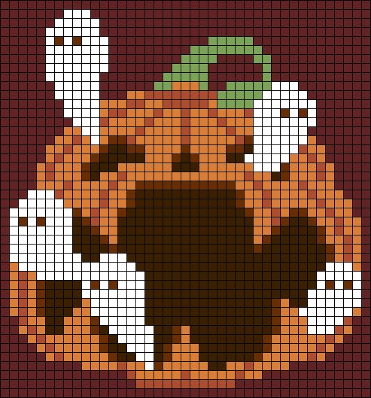 A cross stitch pattern of a pumpkin and ghosts