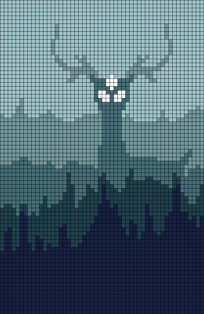 A cross stitch pattern of a deer in fog